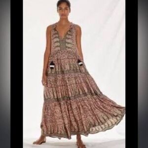 Anthropologie Omika Paola Maxi Dress, Size M, Pink & Olive Green, Boho, Pockets